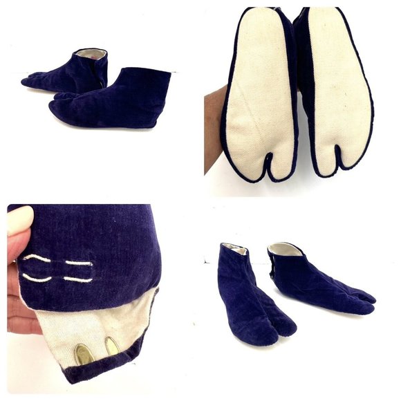 Rare, Vintage Japan Tabi Split Toe Slippers Blue Velvet-Originals 1940’s, Prop - Picture 1 of 15